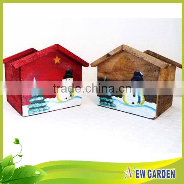 Outdoor Decorative Wooden House Shape Printing Snowman Flower Pot