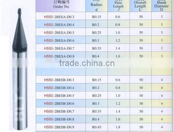 Micro Grain Carbide Diameter 2 flutes Ball Nose End Mills