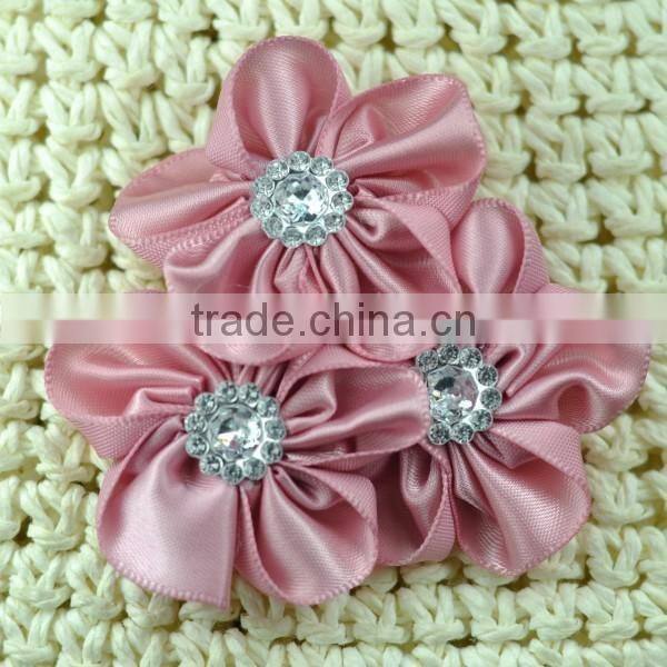handmade satin flower with rhinestone center for kids hair accessories