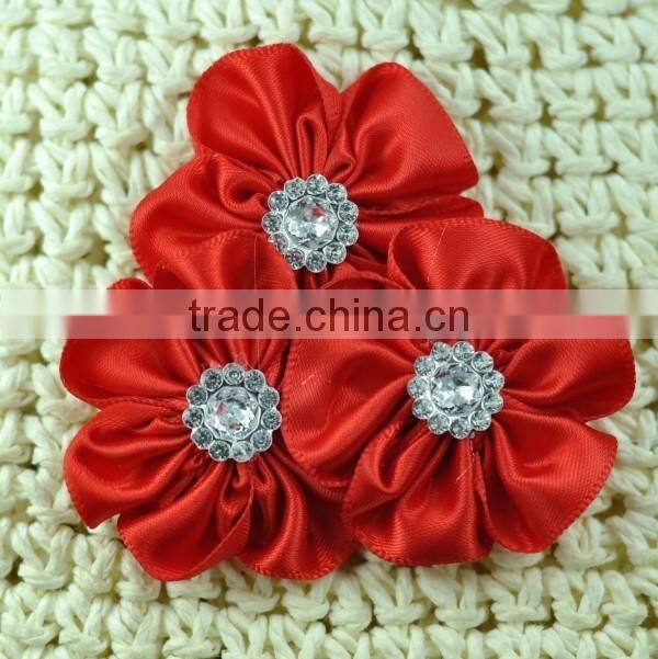 handmade satin flower with rhinestone center for kids hair accessories