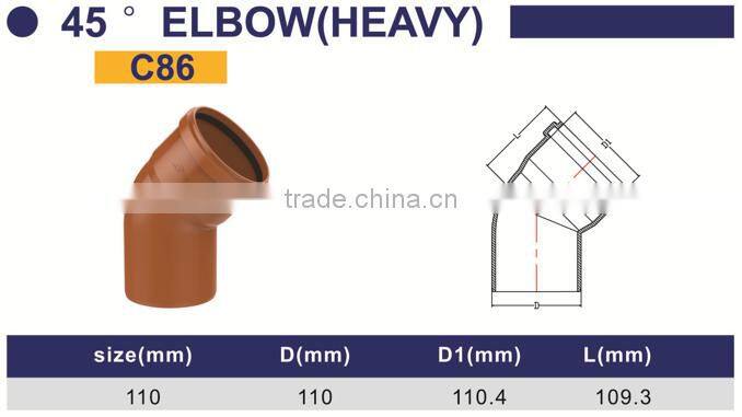 HIGH QUANLITY 45 DEG ELBOW WITH SOCKET OF PVC GB STANDARD EXPANDING FITTINGS FOR DRAINAGE WITH GASKET