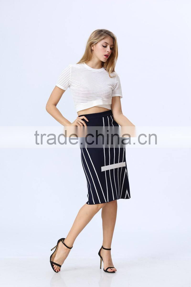2016 New arrival white & black stripe knited Crop and Skirt Co-ord Set