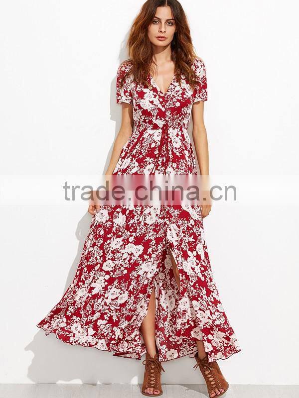 Woman Fashion Short Sleeve Floral Print Button Down Long Maxi Dress