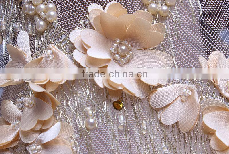 3D Beaded Embroidery Lace Fabrics Gold Yellow French Lace Fabric 2017