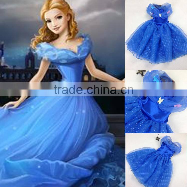 2015 OEM Service Kids Girls Cinderella Butterfly Blue Princess Girl Party Dresses Cosplay Costume Cinderella Lace Dress