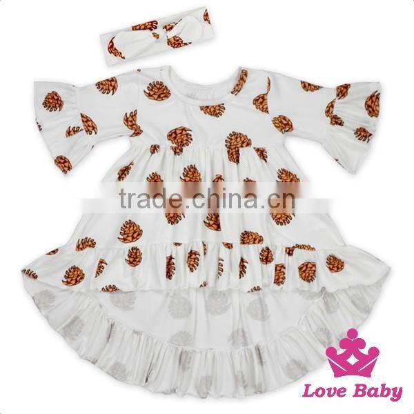 Yiwu lovababy kid dress short front long behind with same fabric bow headband latest design baby frock