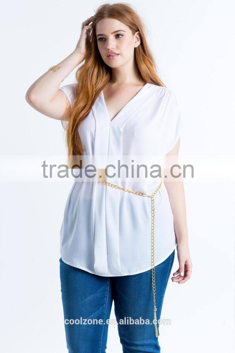 Relaxed V-neck pleated plus size chiffon blouse/woman top