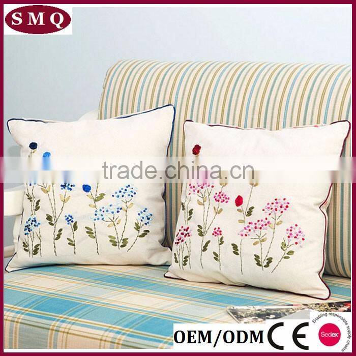 2017 hand embroidery flower linen cushion cover custom with piping