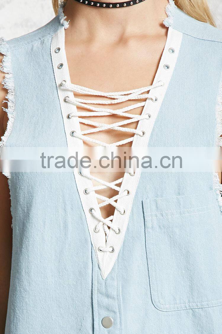 High quality sleeveless denim deep-v hollow sexy mini casual women summer dress