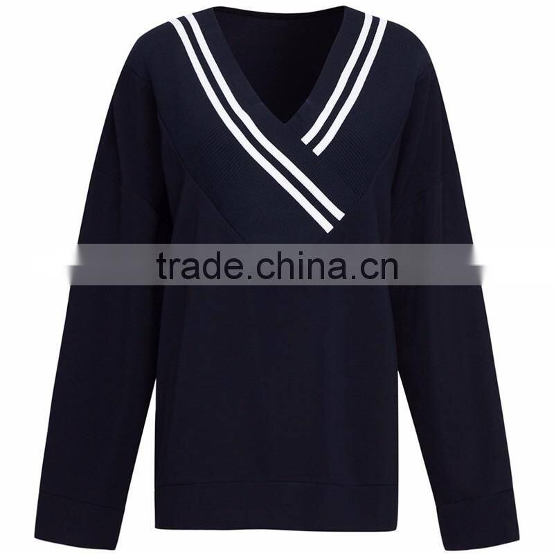 Navy Designer Wrap V-neck Stripe Detail Sweatshirt for Women