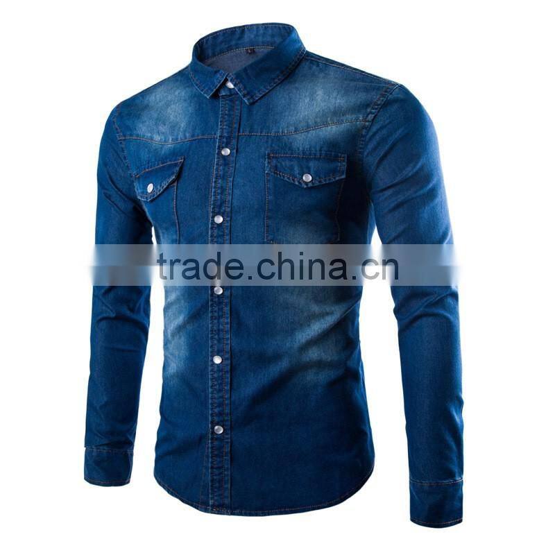 partial bleaching blue denim men shirts