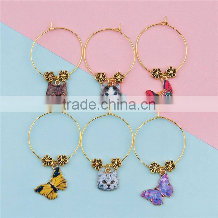 Hoop Earrings Gold Plated At Random Enamel Animal Flower Wine Glass Marker