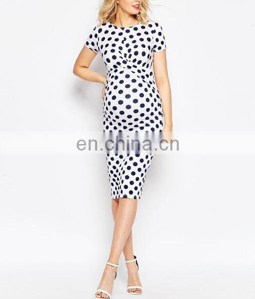 Hot Sale Women Pregnancy Maternity Clothes Jersey Bodycon Dress In Spot Print With Cross Front 2015