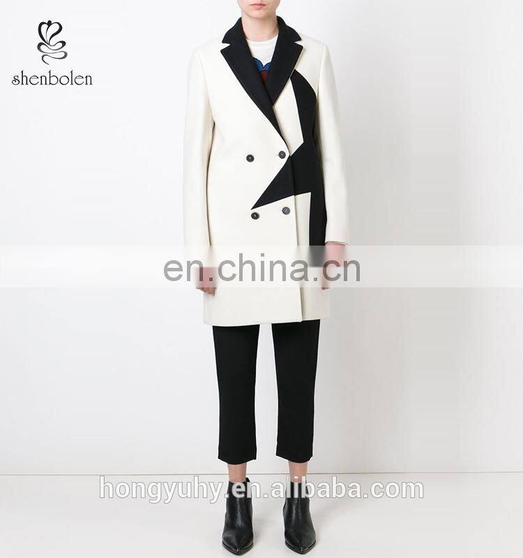 China Clothing Supplier Custom Female Wool Coat Notched Collar with Contrast Star Women's Coat