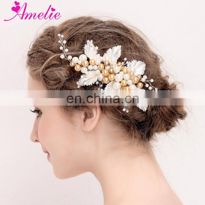 Amelie Handmade Women Hair Jewelry Alloy Leaves and Pearls Accessories Wedding Hair Clip Bridal Headwear Headpiece Prom Boho