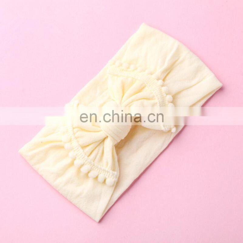 33Colors Kids Solid Nylon Headband with fringe Bow Girls Pom Pom Soft Headwear