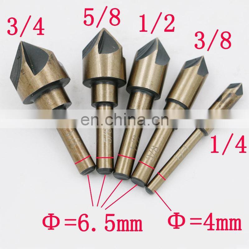 5 PCS 1/4" 3/8" 1/2" 5/8" 3/4" Countersink Drill Bit Set HSS 5 Flute Edge chamfering 82 Degree Taper Cutter Drilling Tools