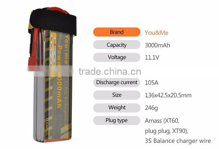 High performance 3000mah 11.1V 35C lithium rechargeable battery for UAV/drone