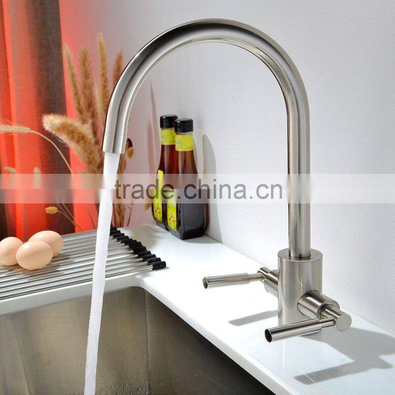 Commercial Double Handles Brushed Kitchen Mixer Taps, Swivel Spout Sink Kitchen Taps