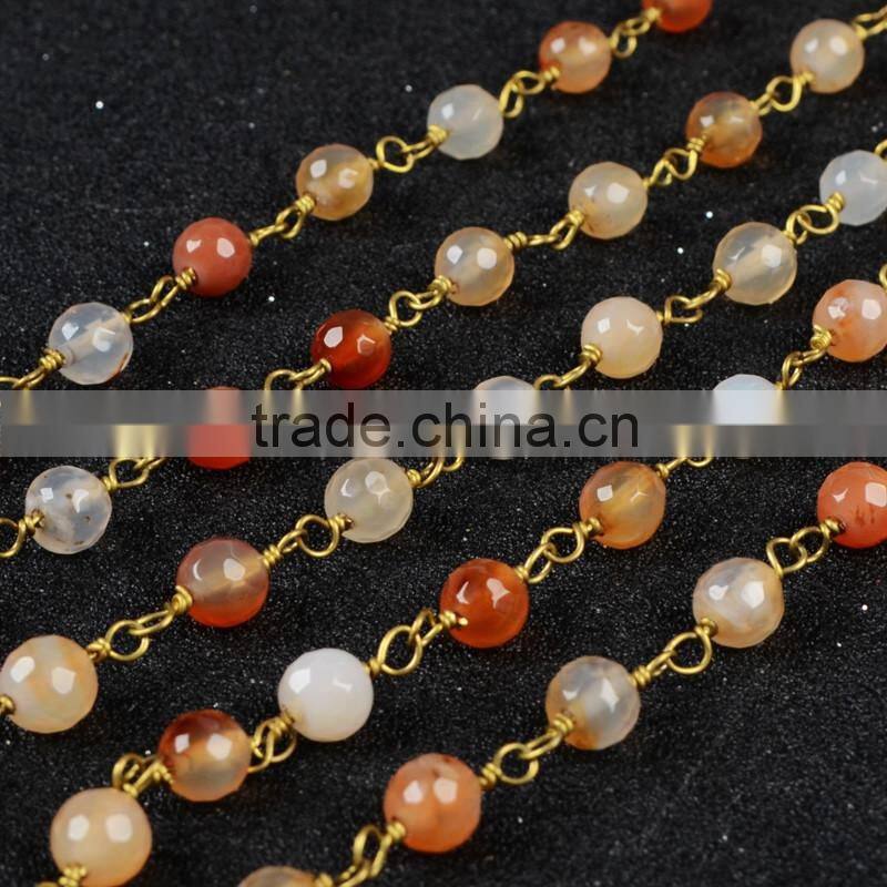 Gemstone Bead Chain Round Red Agate Bead Necklace Chain Wire Bracelet Chain Jewelry Making