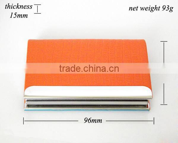 Orange Color Leather Stainless Steel Metal Leather Business Card Holder