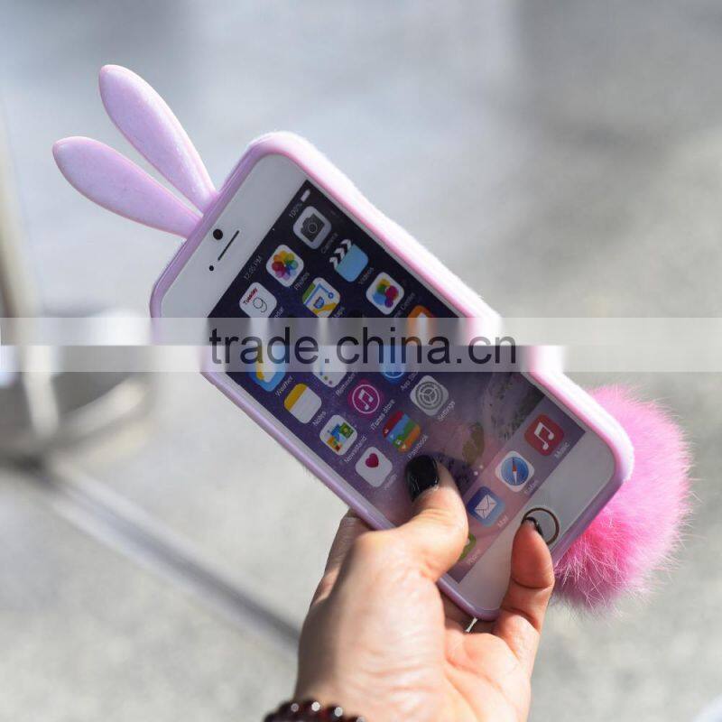 Soft TPU Genuiue Rabbit colorfull Fluffy Fur Tail Ball Phone Case Lxuxry Phone Case for Iphone and for Samsung