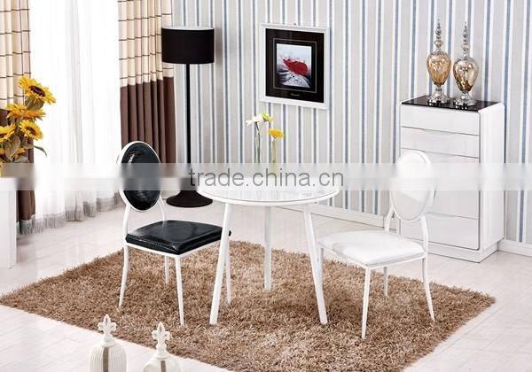 glass top wooden color steel leg dining table with tempered glass top