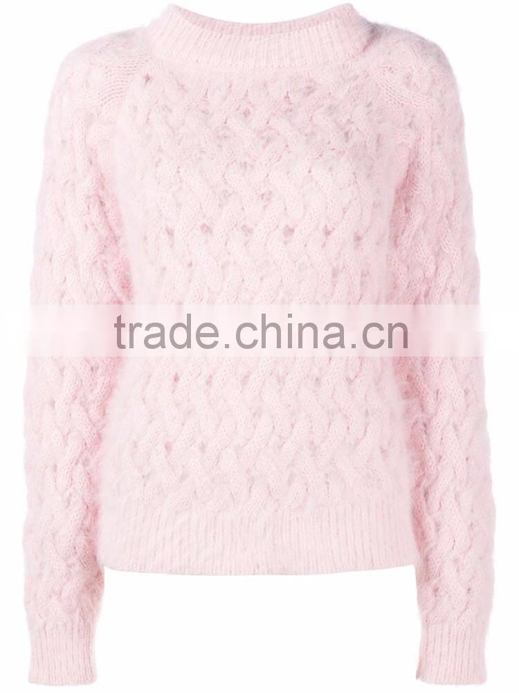 Pink blended thick knitting round collar buckles with ultra long sleeves