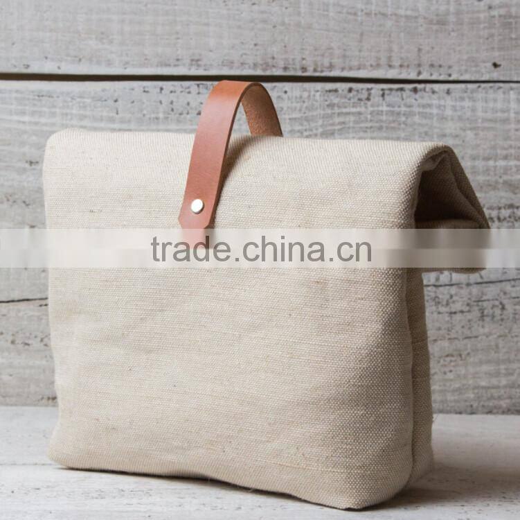 Personalized waxed canvas lunch bag with leather trim