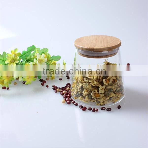 500ml unique shape mouth blown clear trapezoid candy,food glass storage jars with bamboo lid