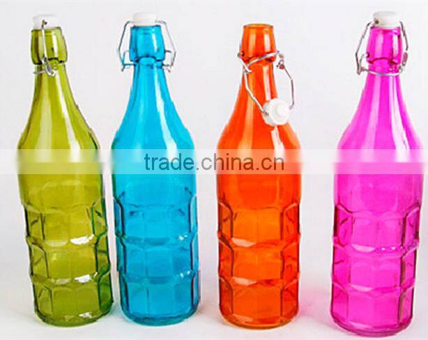 1L Colored Diamond Carving Glass Drink Bottle With Clip Lid