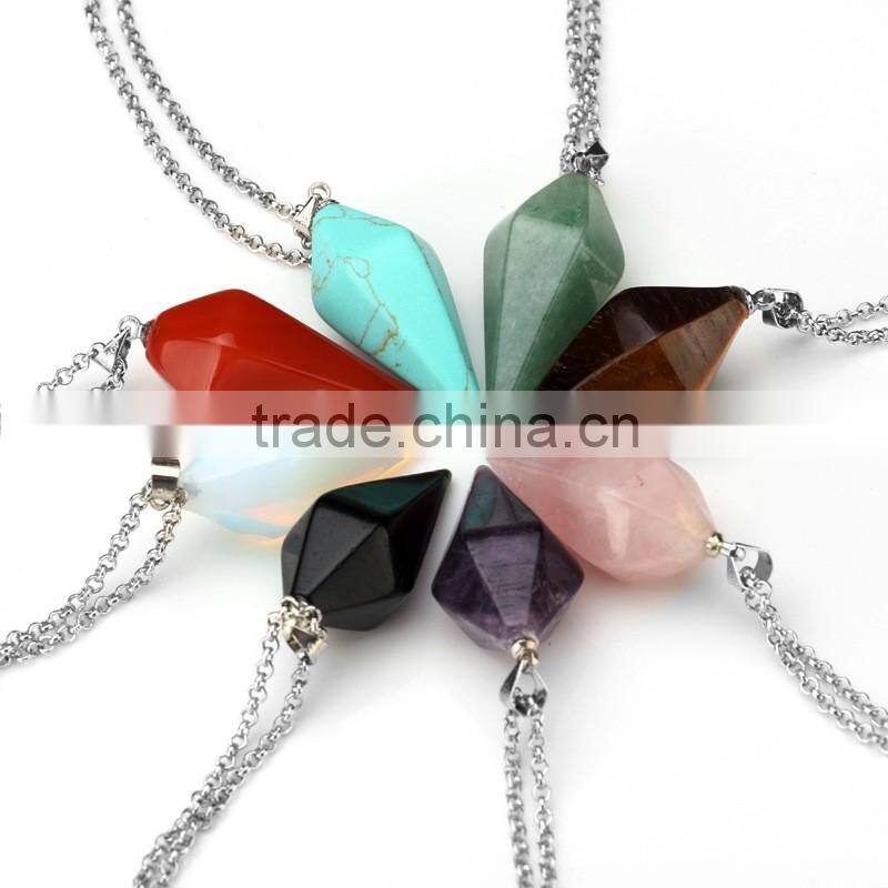 2016 Wholesale Quartz Stone Pendants Natural Crystal Point Pendant Lapis Lazuli Crystal Prism Conical Jewelry Necklace
