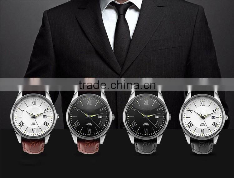 High class bule dial alloy case genuine leather band with night view men fashion watches