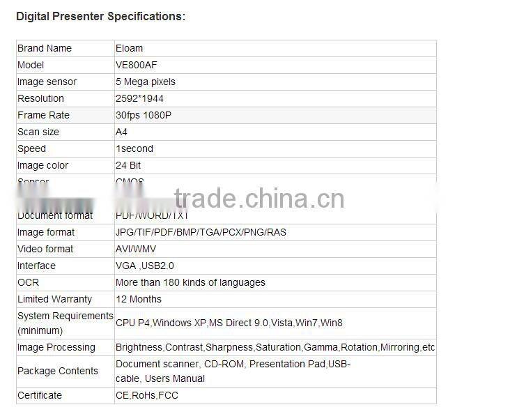Eloam Educational Equipment 5 mega pixel camera with video output portable document camera