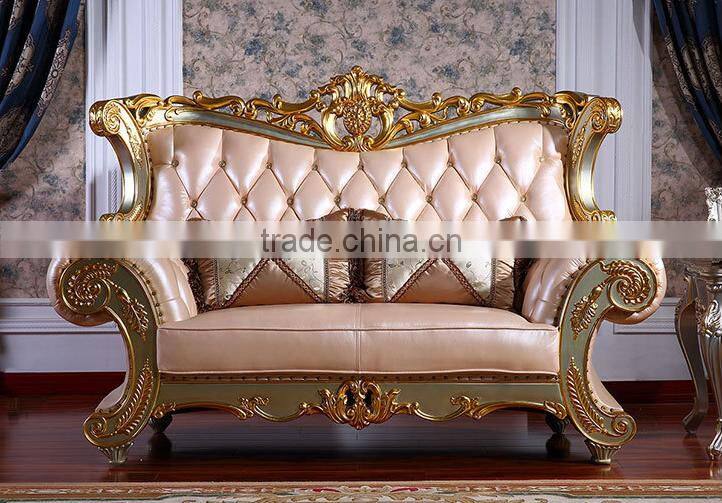 Luxury palace noble living room furniture solid wood hand carved genuine leather sofa set