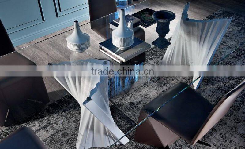 Special Design Hot Sale Rectangula Plisse Travertine base Tempered Glass Top Dining Table On Sale