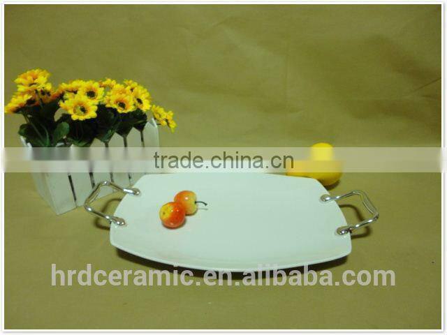 2015 Cina supply stock ceramic square plate with Metal handle