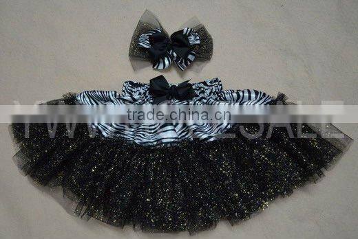 2012new fashion lovely zebra glitter tulle skirts chiffon skirts with match hair clip set