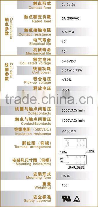SMI-05VDC-SL-2C 5A 250VAC/30VDC 5V 8pin relay 2 group conversion