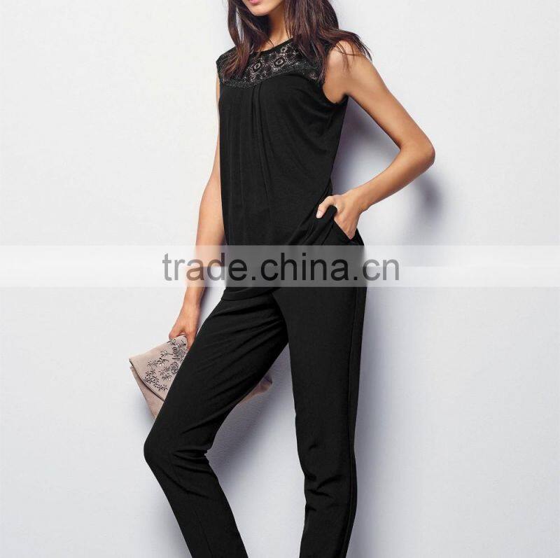 2016 Fashion Jersey Sleeveless Top With Beautiful Lace Yoke HST8033