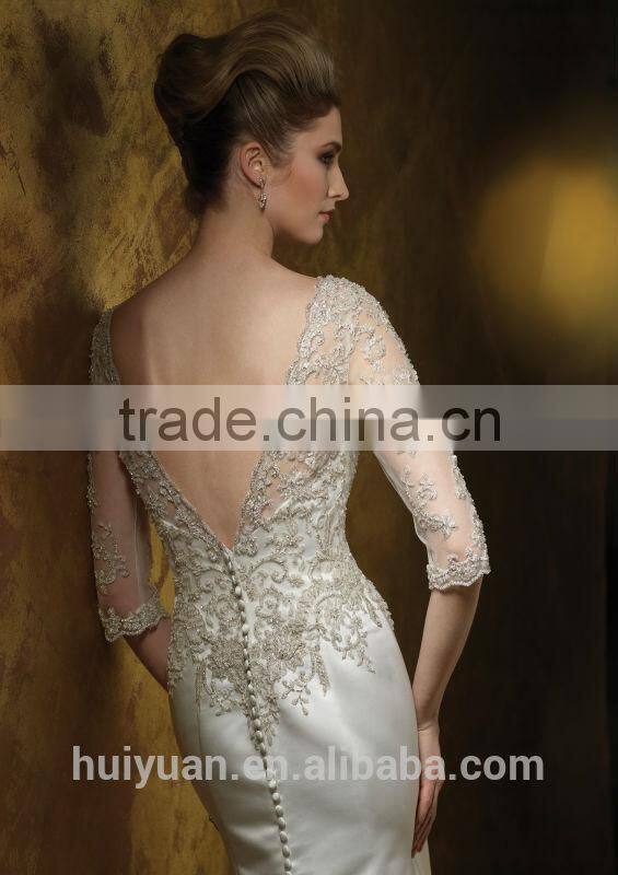 sexy satin lace baeded long sleeve open back wedding dress