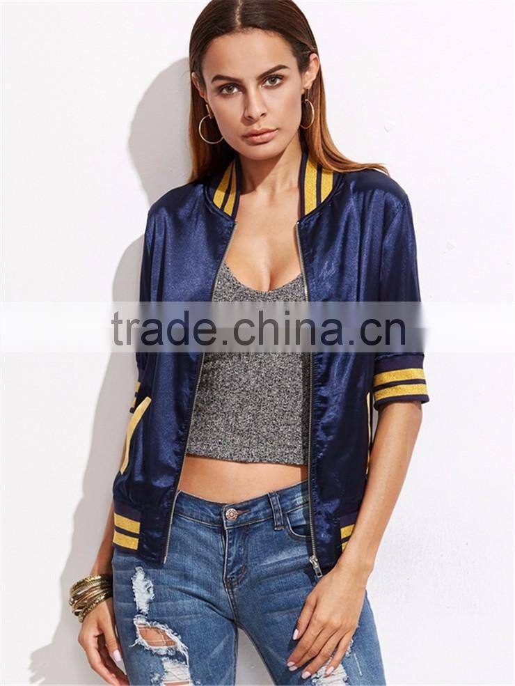Women Custom Back Embroideried Zip Up Coat Striped Half Sleeve Satin Bomber Jacket Navy Blue