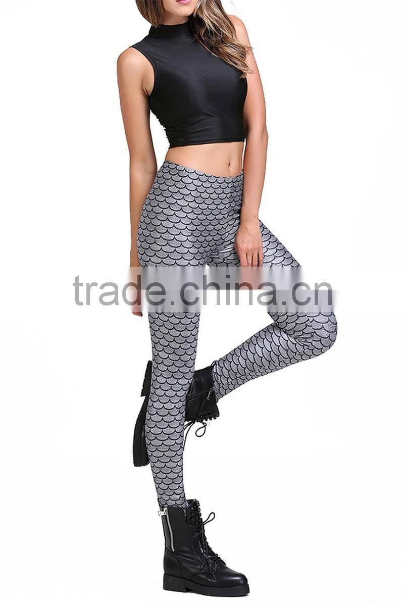 MGOO 2017 Fashion Manufacturer Custom Jersey Leggings 90 Polyester 10 Spandex Leggings Grey Mermaid Scale Print