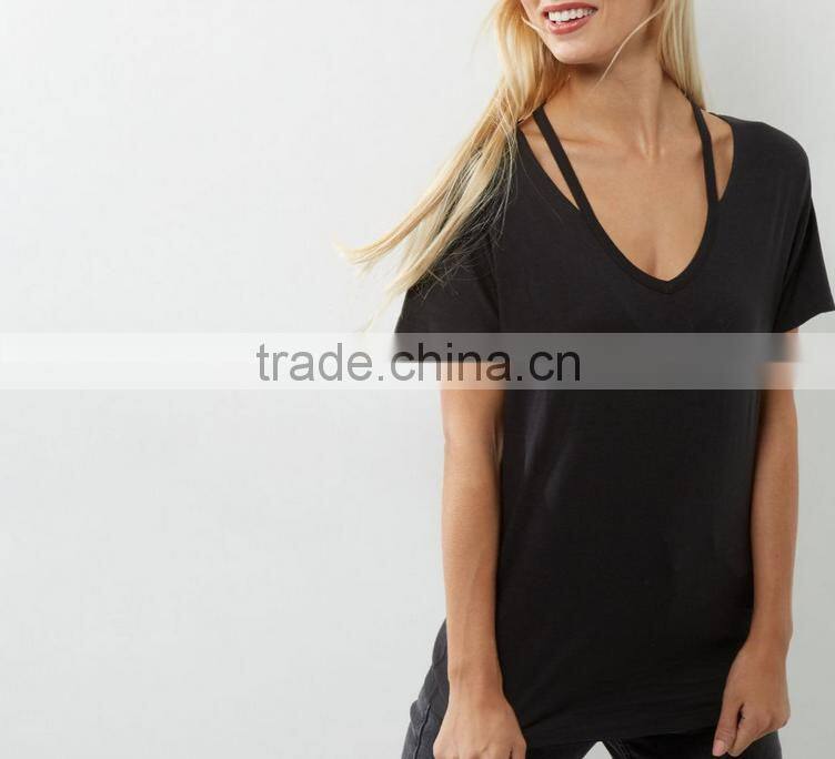 Black women ripped cut out elongated t shirt of coton material