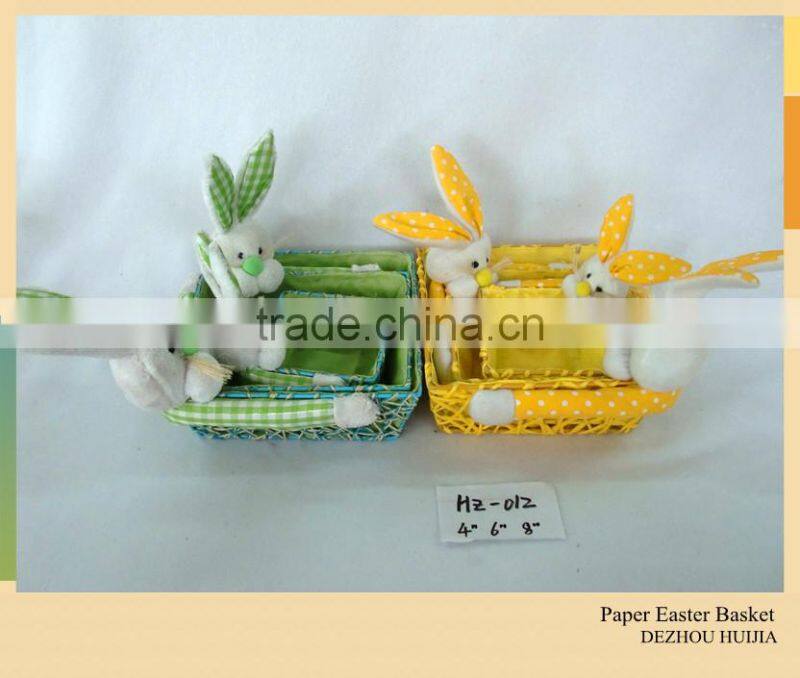 long ears plush rabbit toys with basket made by paper string for easter