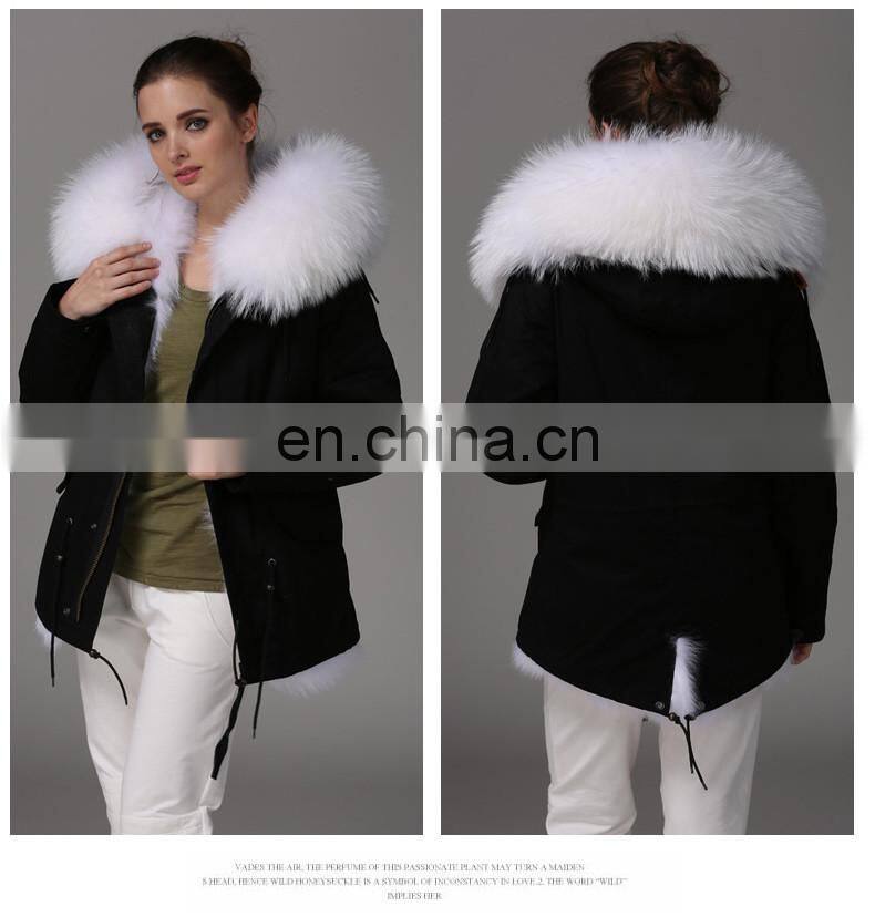 Fashion Women Black Jacket With Raccoon Collar And White Fox Fur Coat