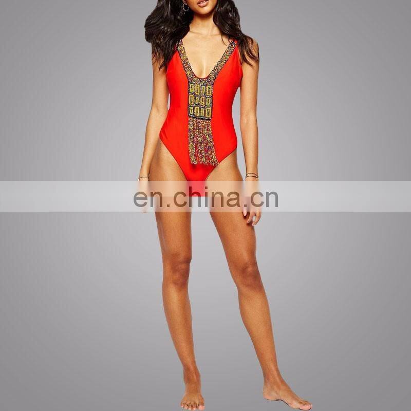 Alibaba New Summer Swimming's Wear Lady Girl Clothing Deep V-neck Swimsuit One Piece Beachwear Red Tassel Details Apparel