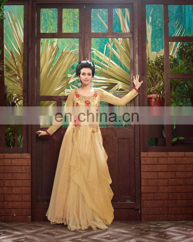 Navy Blue And Beige colored Jacquard Net gown.