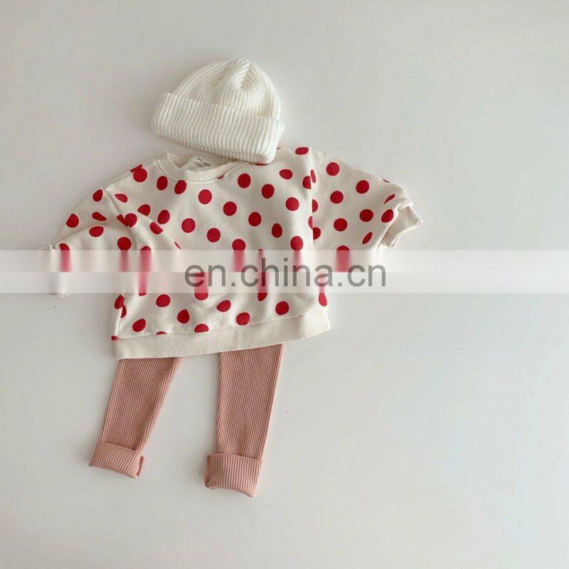 Fashion design casual kids girls outfit polka dots top rib pant sport children clothing set