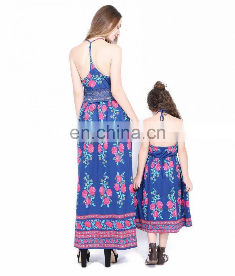 Fashion design mommy and me outfits blue floral printed mother daughter matching dress